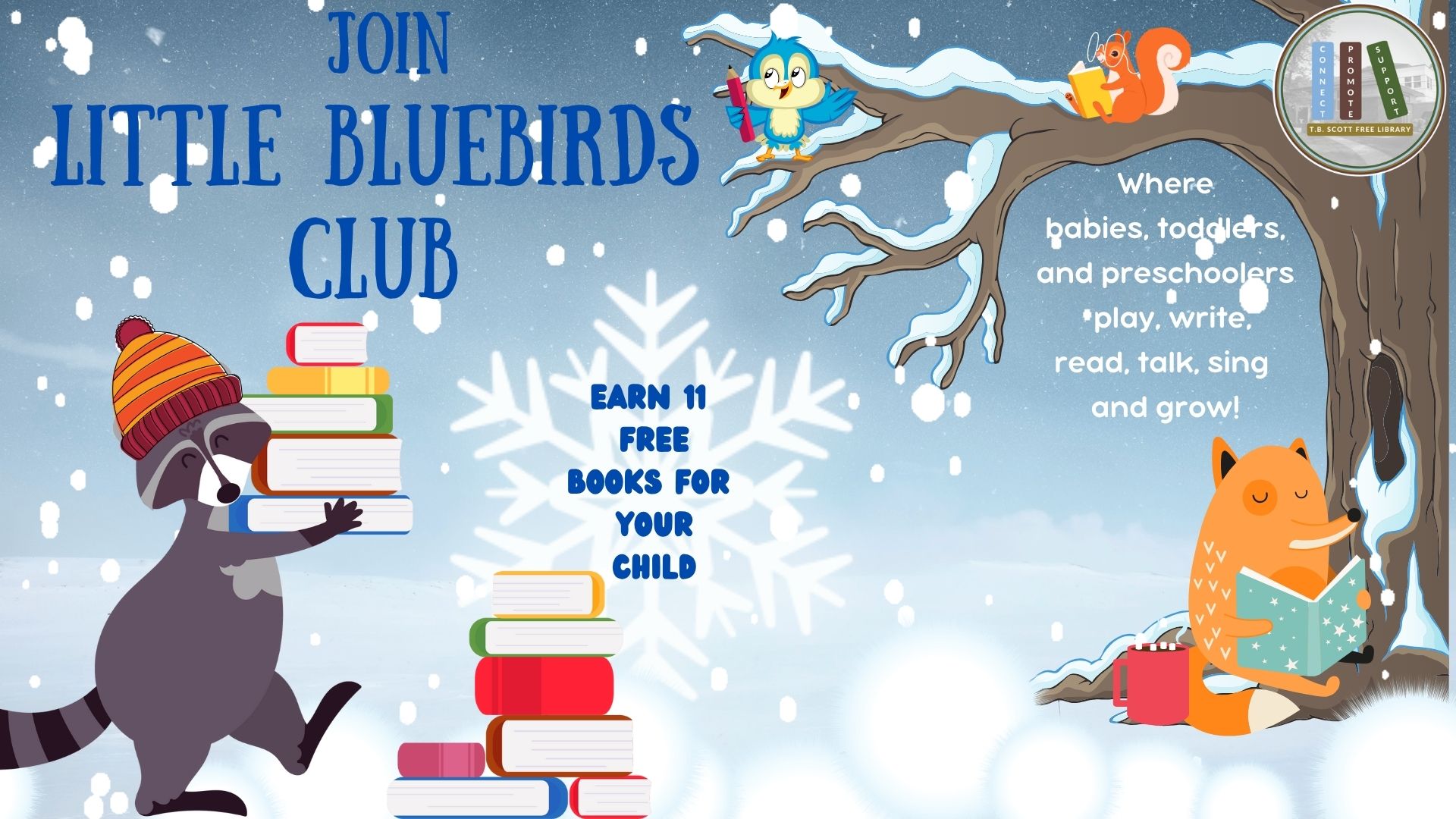 A winter-themed illustration for a reading club, featuring animals with books and promotional text.