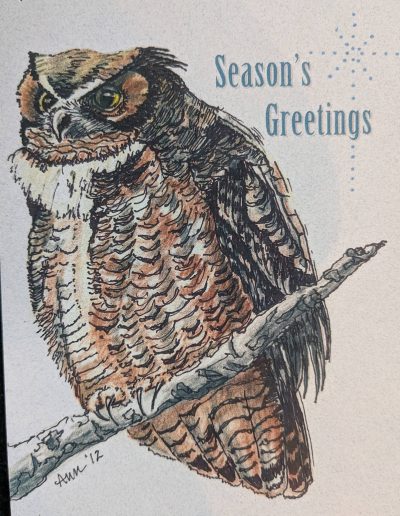 A holiday card featuring an owl perched on a branch and a serene winter backdrop.