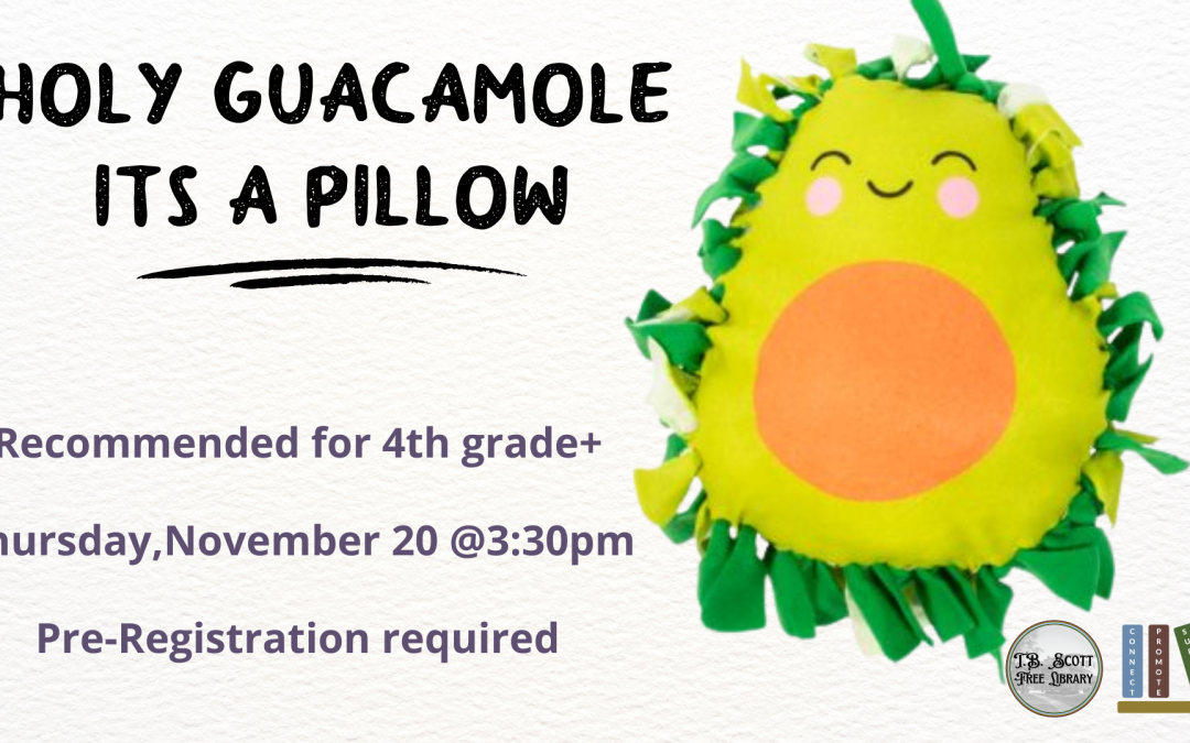 Promotional poster for a library event featuring an avocado-shaped pillow and event details.