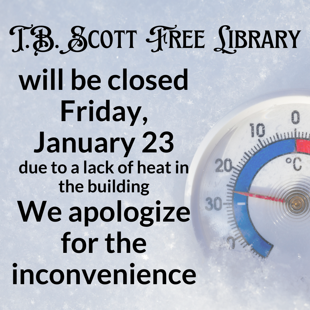 Library closure notice with thermometer showing temperature below 0°C