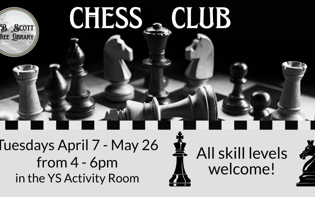 Monochrome image advertising a chess club with chess pieces and meeting details.