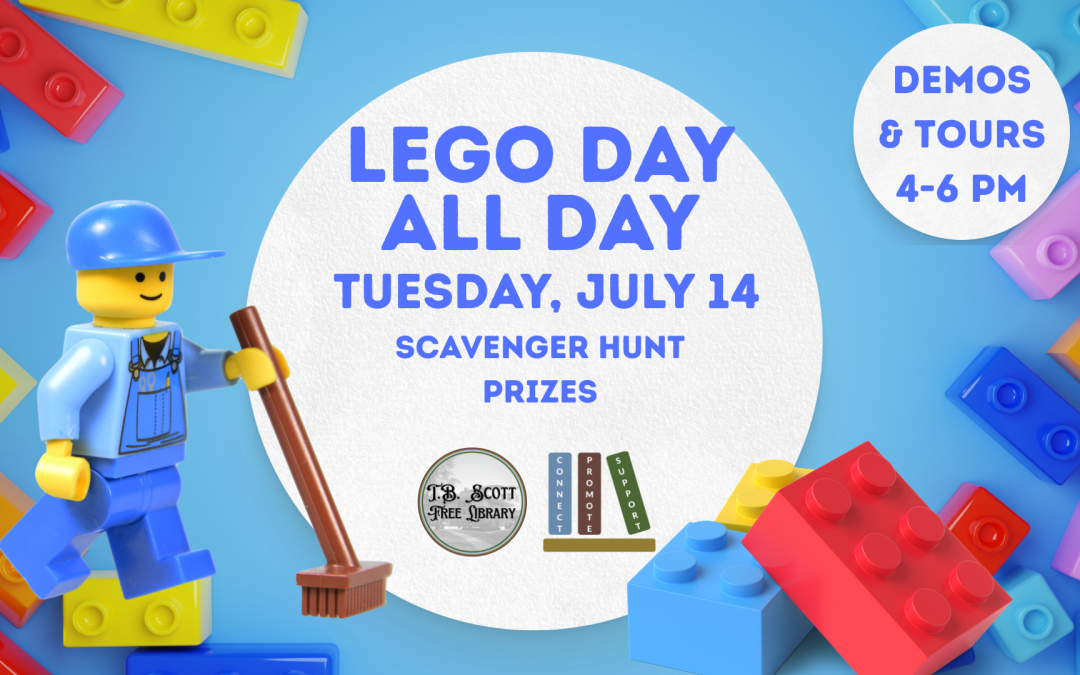 LEGO event announcement with details and colorful LEGO bricks scattered.